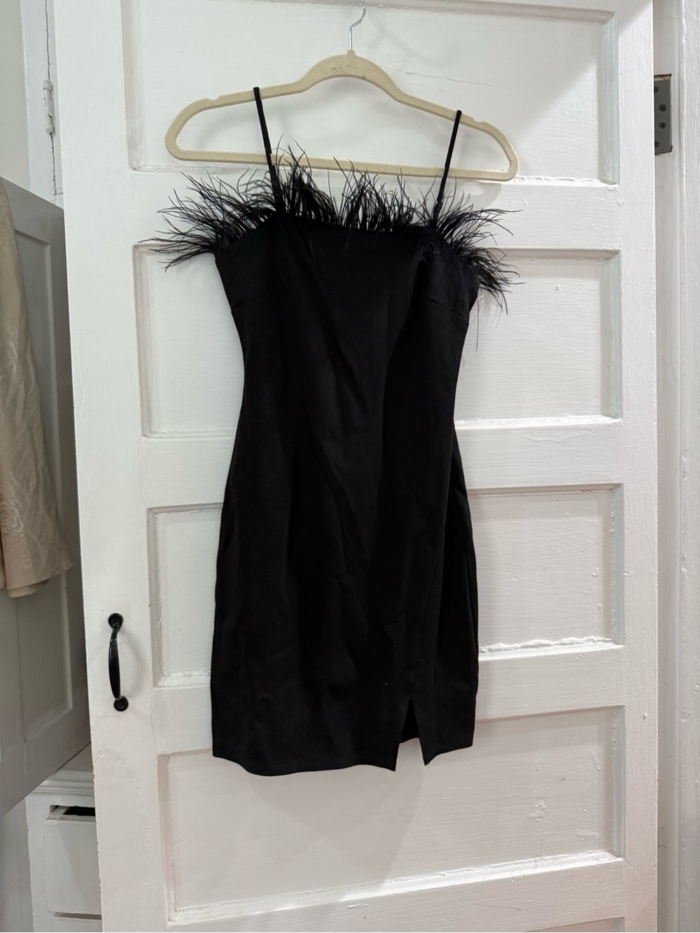 Anna Grace Black Feather-Trim Mini Dress